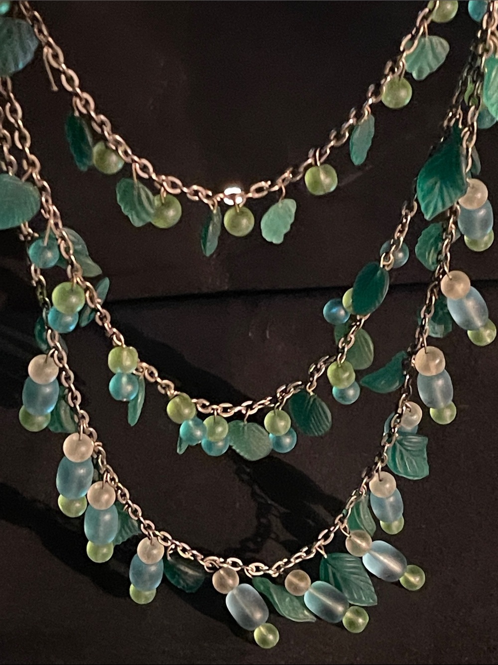 Vintage Green Leaf and glass Beaded Multi-Strand (3strand)Necklace